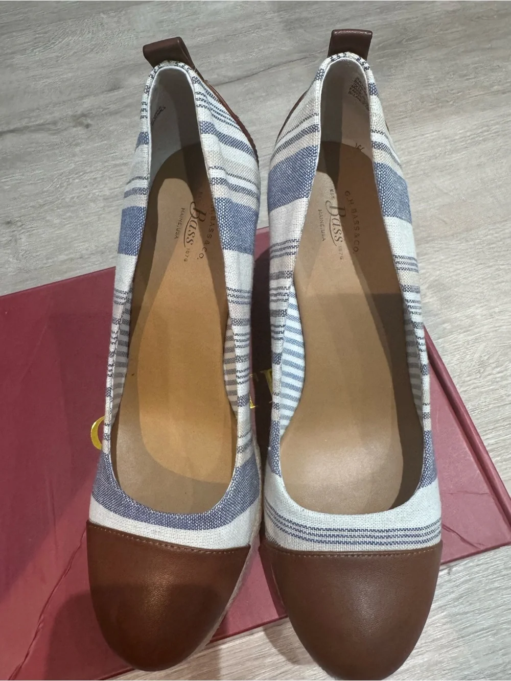 G.H. Bass & Co. Blue and White Striped Espadrille Wedge with Brown Cap Toe